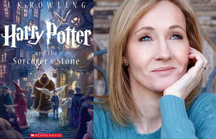 JK Rowling with Harry Potter book