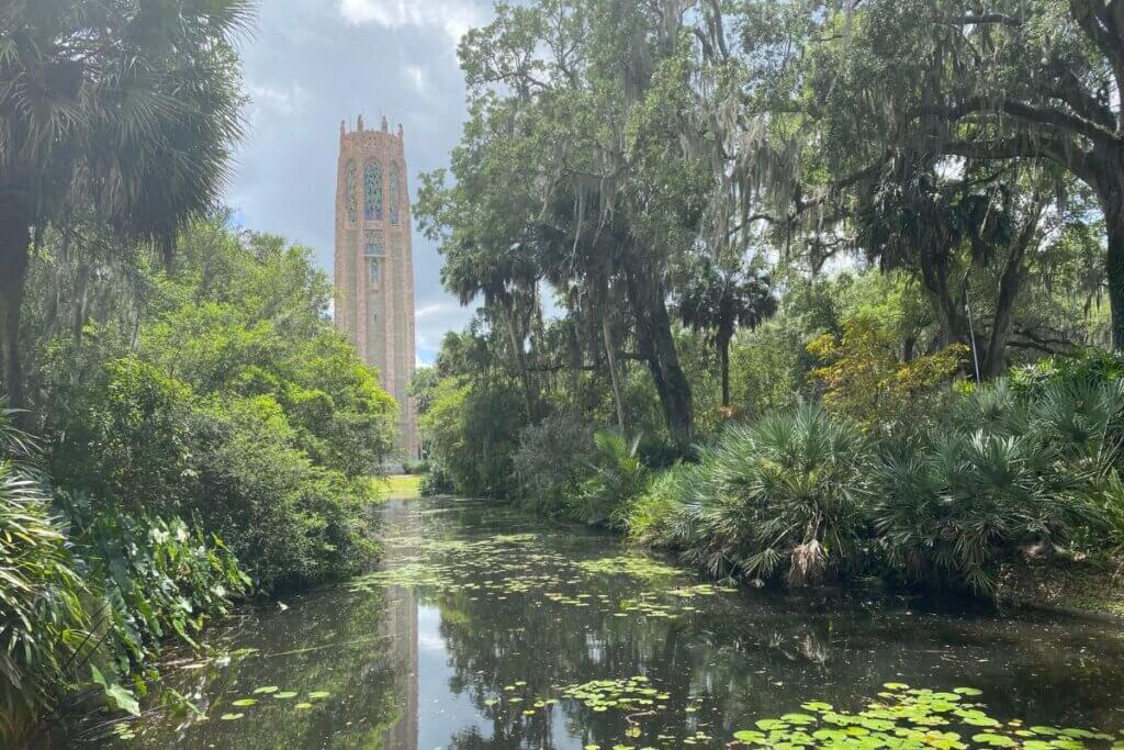 Bok Tower carillon with water reflection in Lake Wales