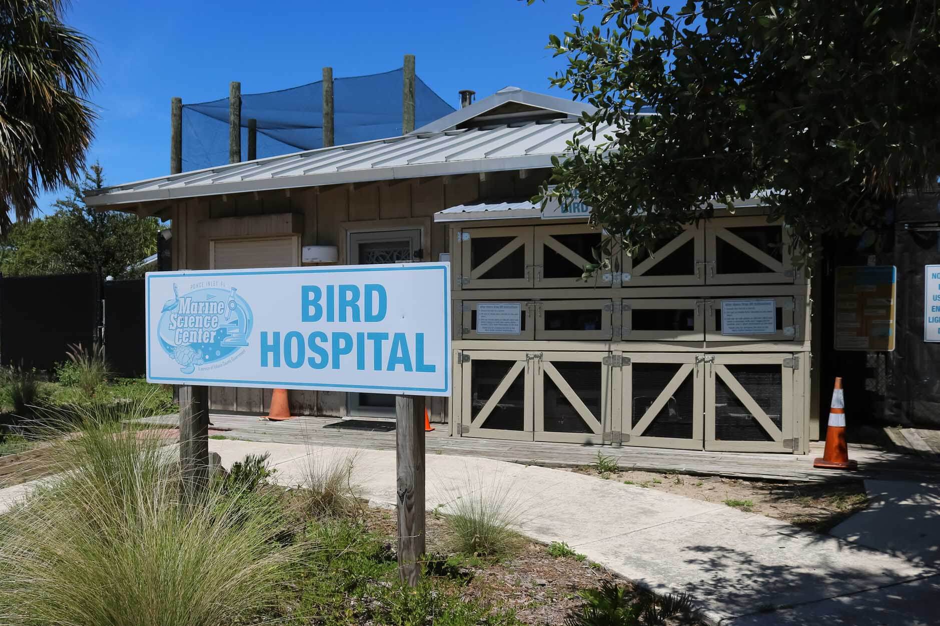 Exterior of the bird hospital at the Marine Science Center. 