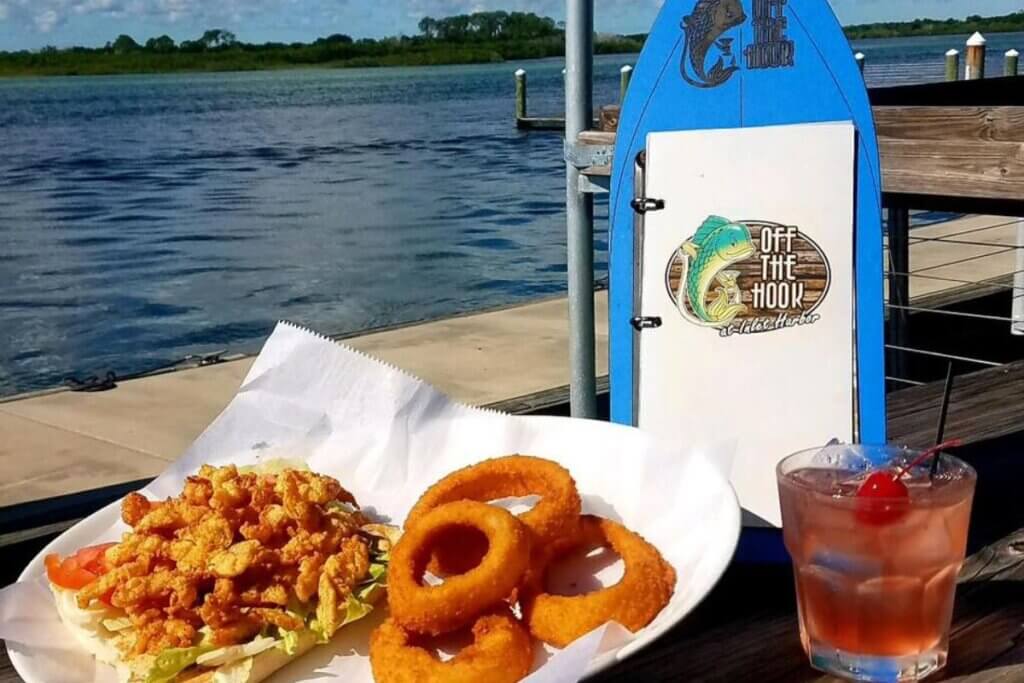 Off the Hook clam po boy onion rings with a view