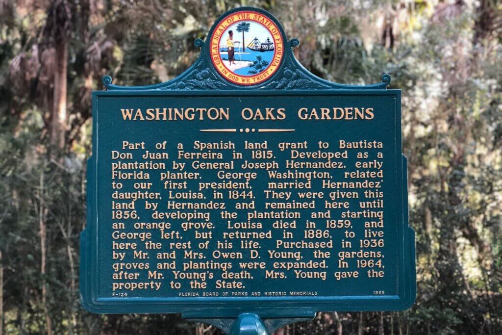 Washington Oaks Gardens Historic sign