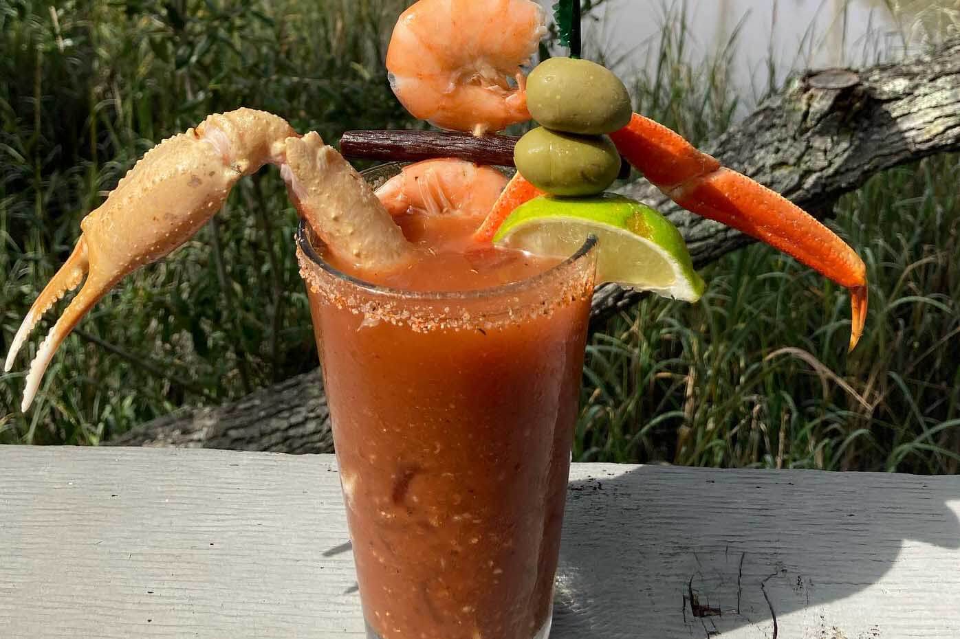 Saltwater Cowboys Bloody Mary on a porch. 