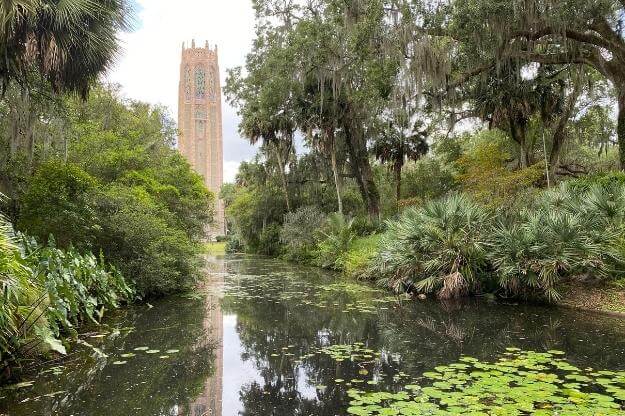 Photo of Bok Tower Gardens carillon reflecting from pond