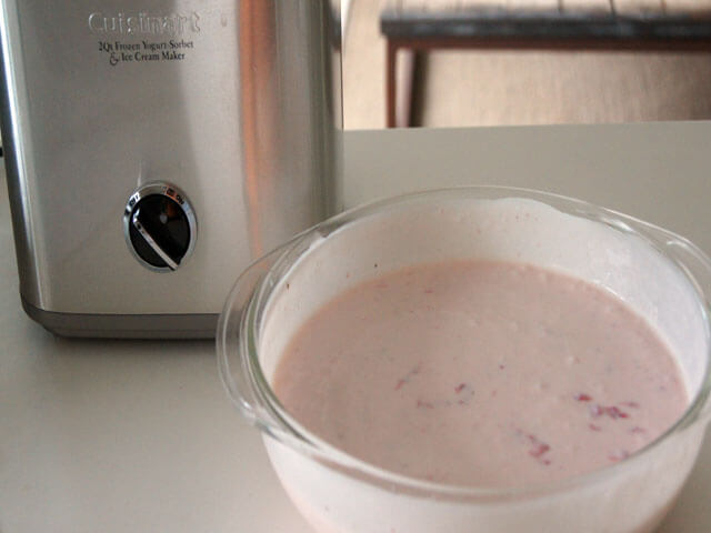 Photo of strawberry ice cream before being churned