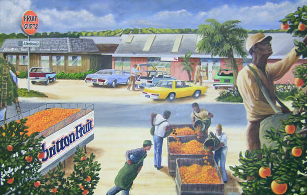 Painting of fresh oranges in a truck