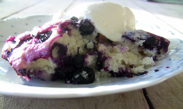 Photo of a blueberry pudding cake with ice cream