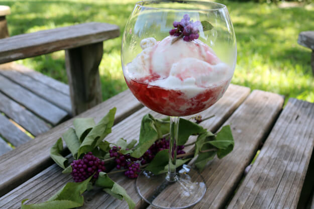 Warm Beautyberry Sauce poured over vanilla ice cream