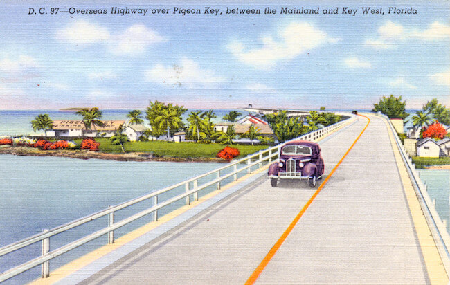 Vintage postcard of the highway between Pigeon Key and Key west.