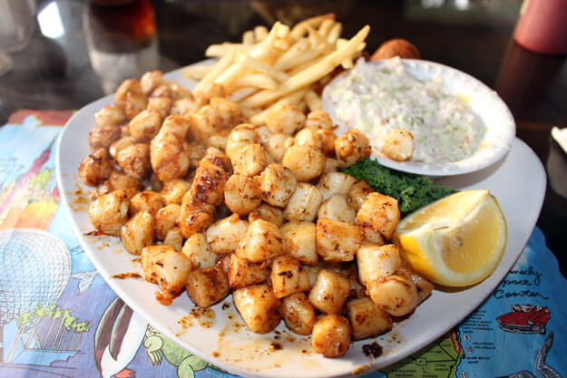 Photo of a plate of cooked scallops with sauce and fries