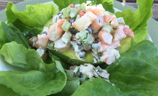 Photo of shrimp and avocado salad in an avocado