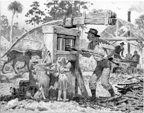 Photo of a black and white drawing of Sugar Cane Grinding