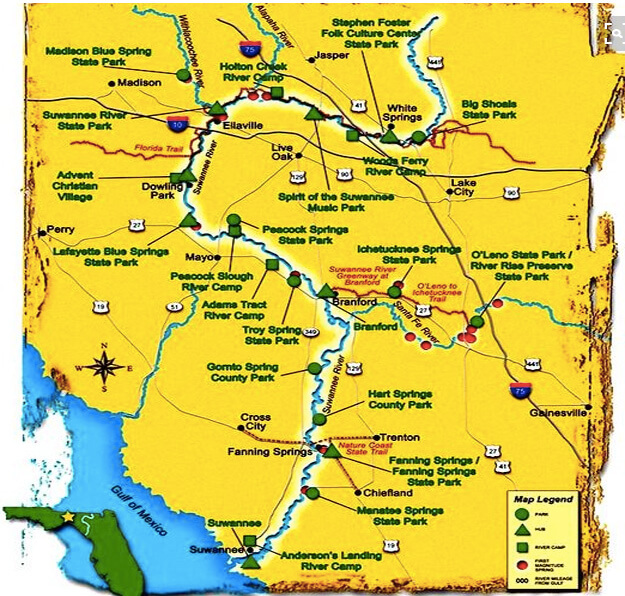Map of The Suwannee River Wilderness Trail runs from Georgia to the Gulf of Mexico.