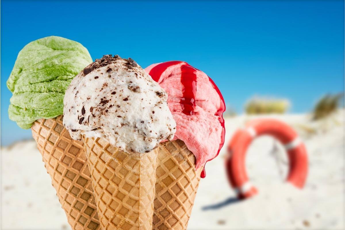 Best Ice Cream Shops in Florida includes three cones on the beach