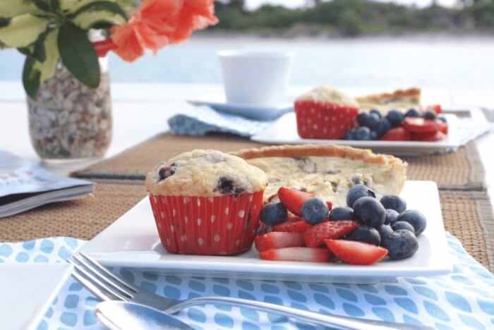 Photo of a blueberry muffin next to fruit