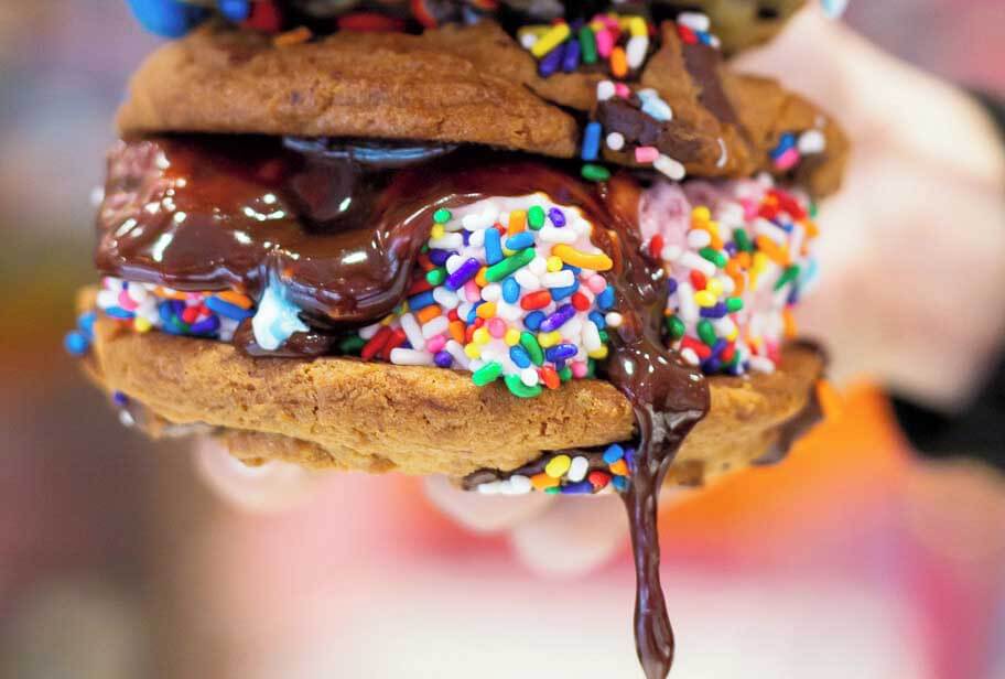 Ice Cream Sandwich with melted chocolate dripping 