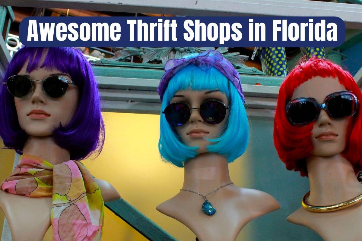 three colorful mannequin heads at one of the top thrift stores in Florida