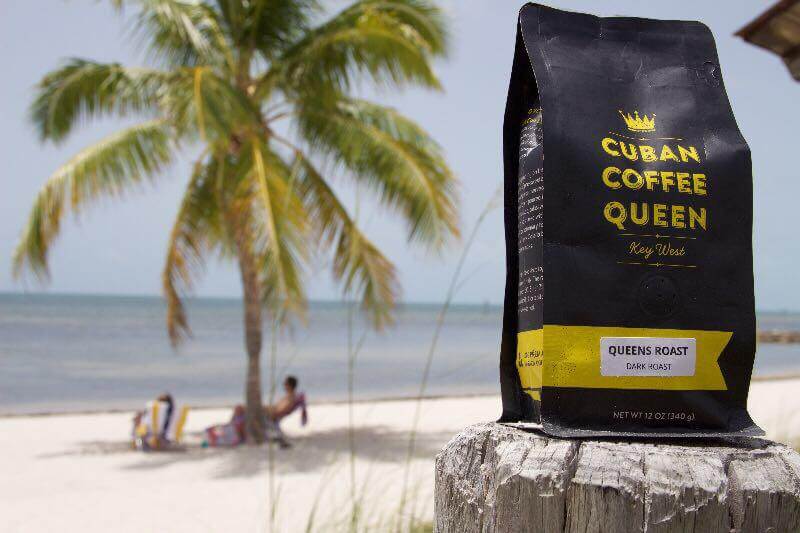 Bag of coffee at the bech. Bag reads Cuban Coffee Queen Key West. 