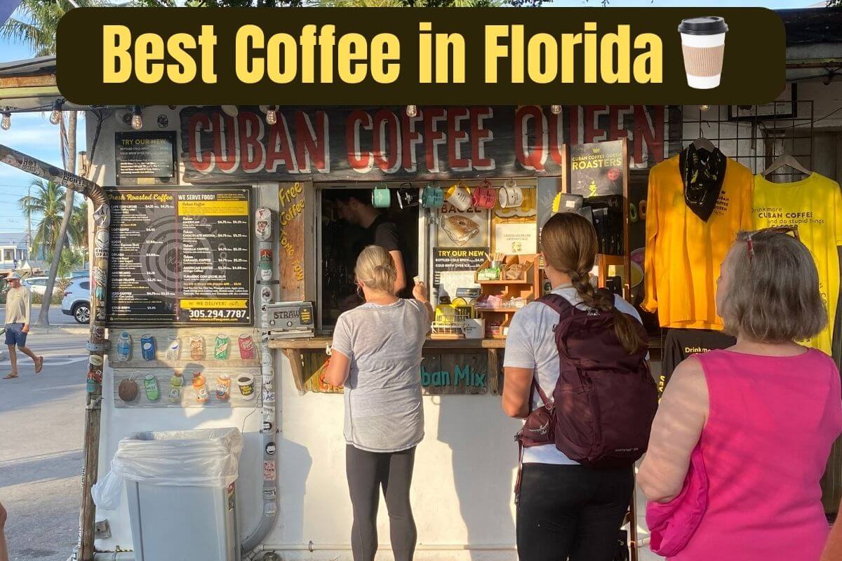 Best Coffee in Florida text on a pic with people in line at Cuban Coffee Queen.
