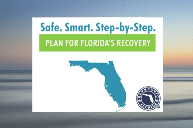 Photo of a map of Florida with the caption "Safe Smart Step by Step. Plan for Florida's Recovery"