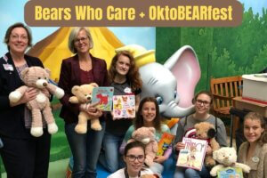 Bears Who Care + OktoBEARfest text on an image of people holding bears and books.