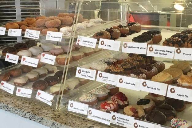 Donuts in a display case. 
