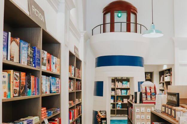 Bookstore shelves.