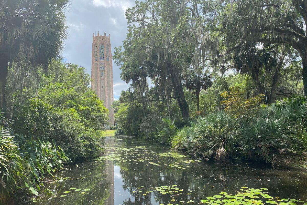 Bok Tower carillon with water reflection.