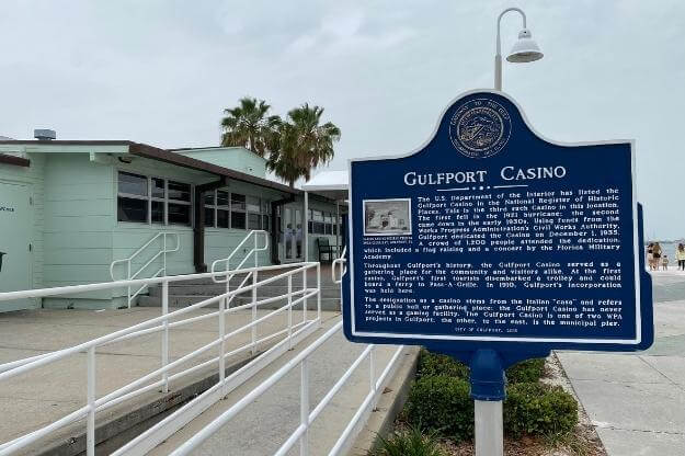 Gulfport Casino Historical Sign outside of the building. 
