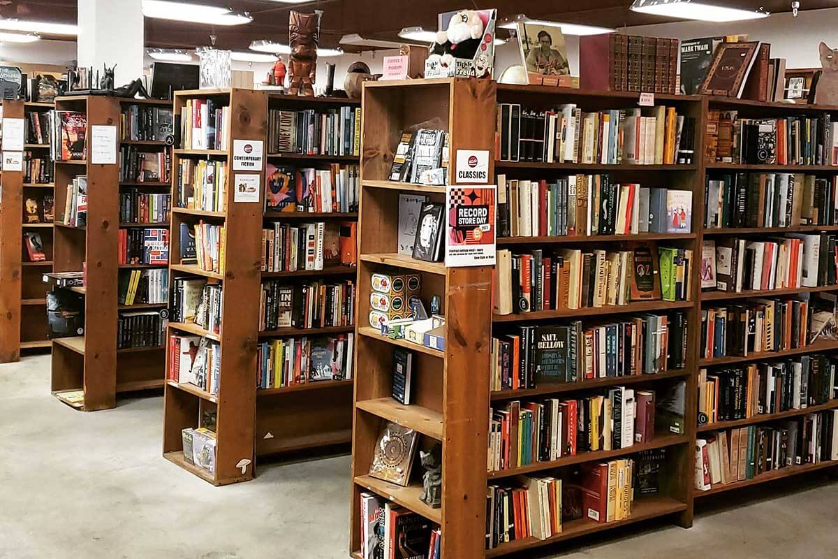 Mojo Books and Records bookshelves filled with books