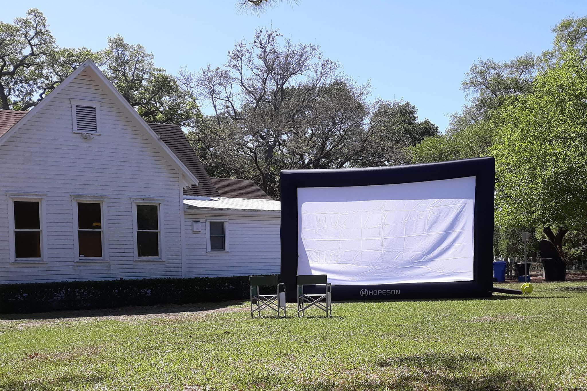 Outdoor movie screen at the Gulfport HIstorical Museum. 