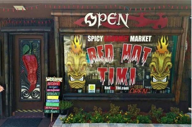 Exterior of shop with the words Red Hot Tiki. 