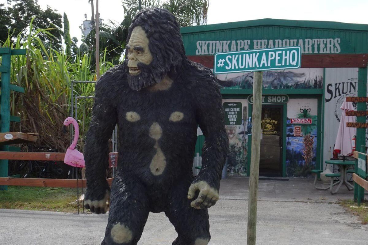 Skunkape statue with gift shop in background