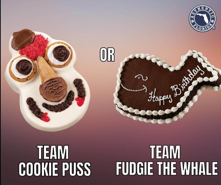 Graphic that reads Team Cookie Puss or Team Fudgie the Whale 