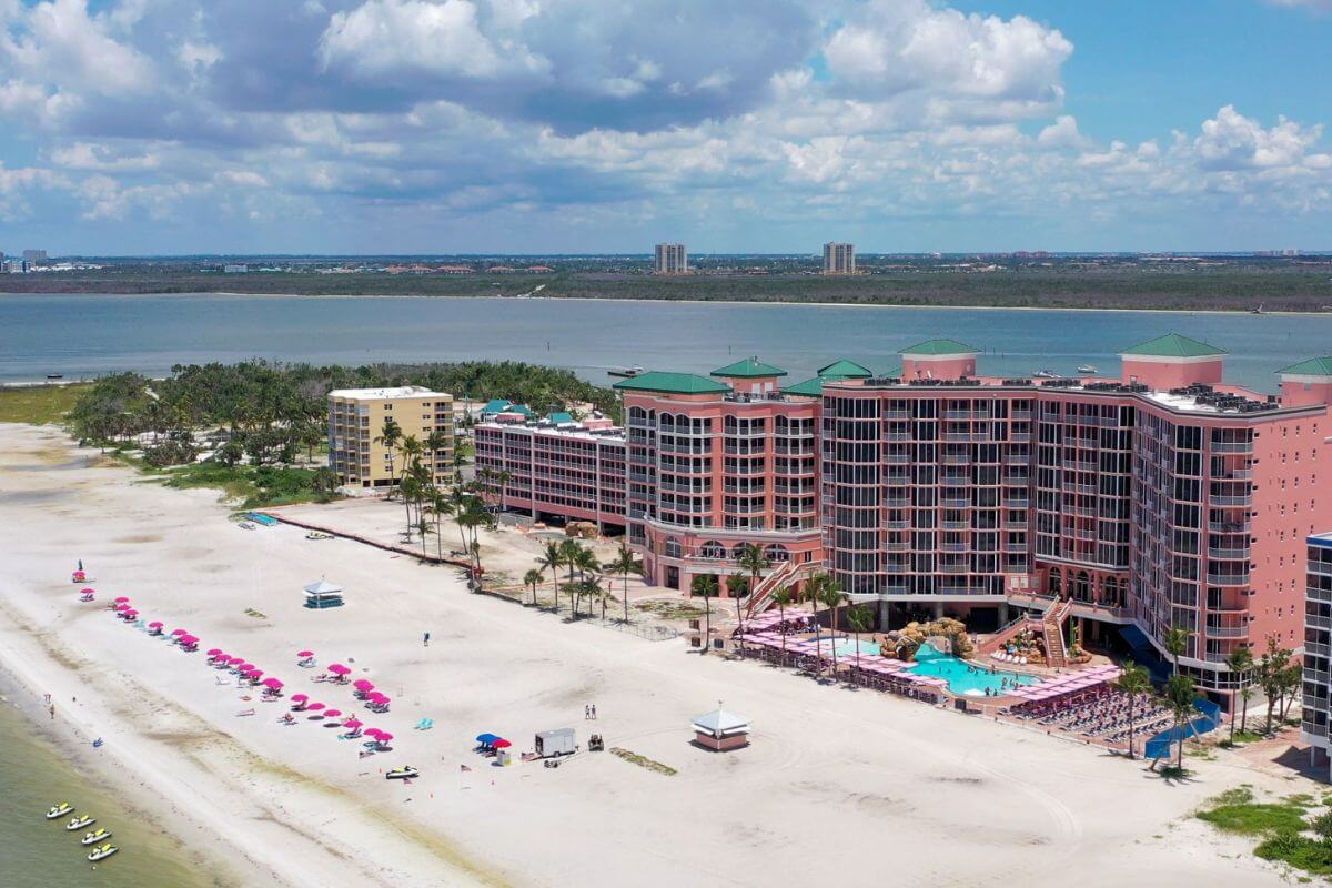 Pink Shell Beach Resort and Marina aerial shot 2023.