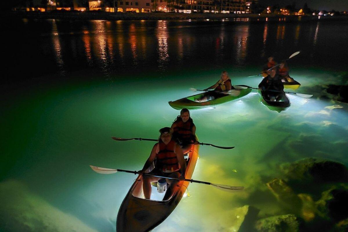people kayaking at night
