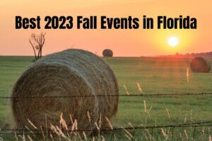 Best 2023 Fall Events in Florida written on an image of hay bales at sunrise in a field.