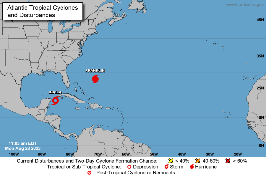 National Hurricane Center image of hurricanes Franklin and Idalia. 