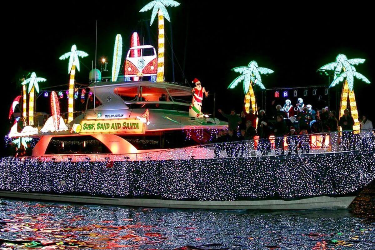 Boat decorated with holiday lights. 