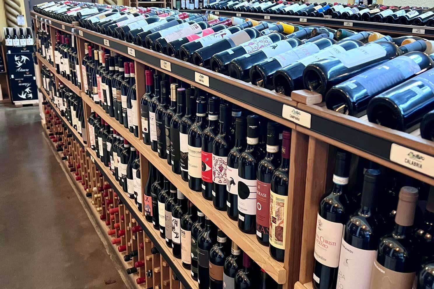Wine bottles on the shelf at the market
