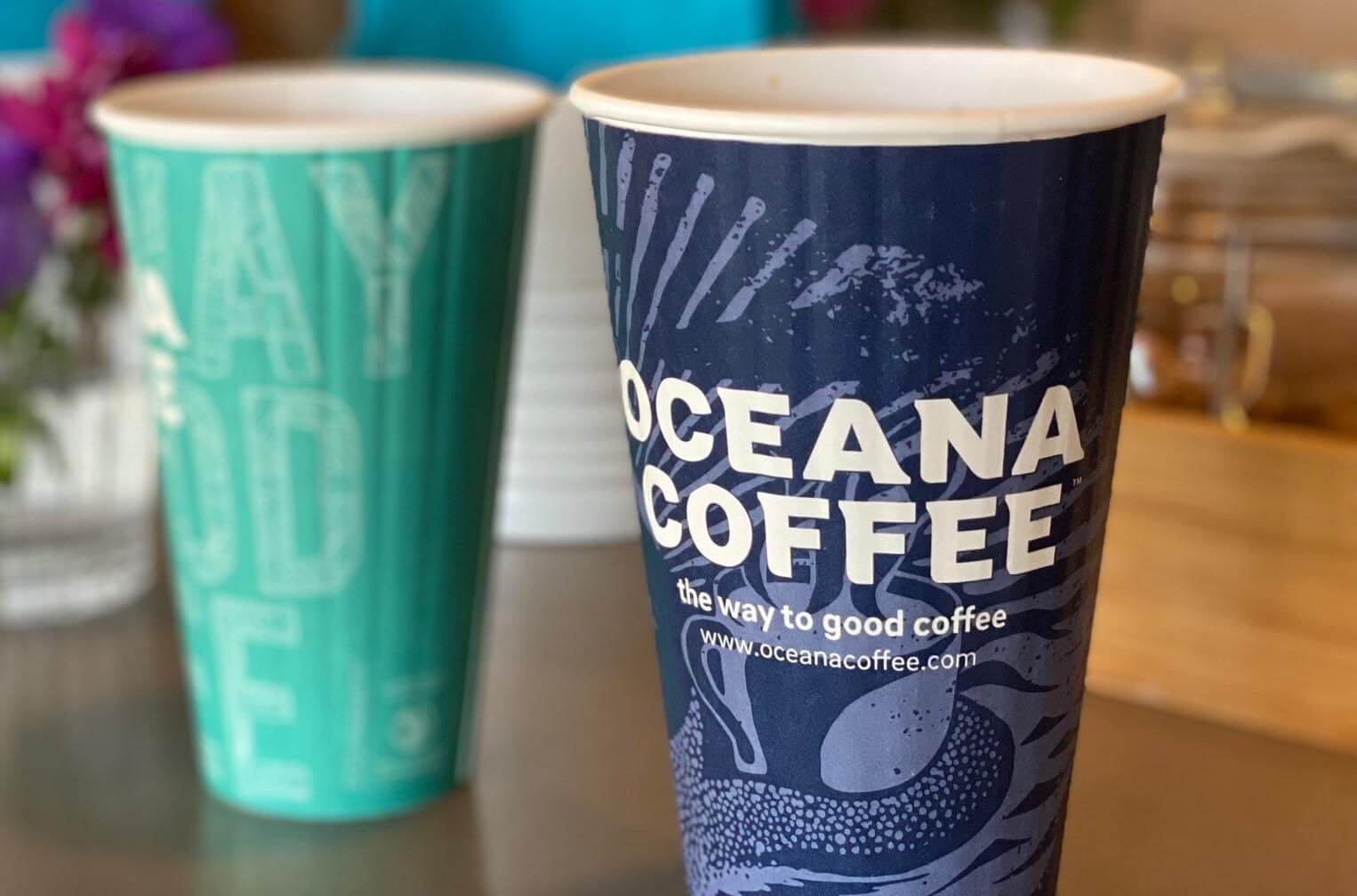 Cups labeled Oceana Coffee. 