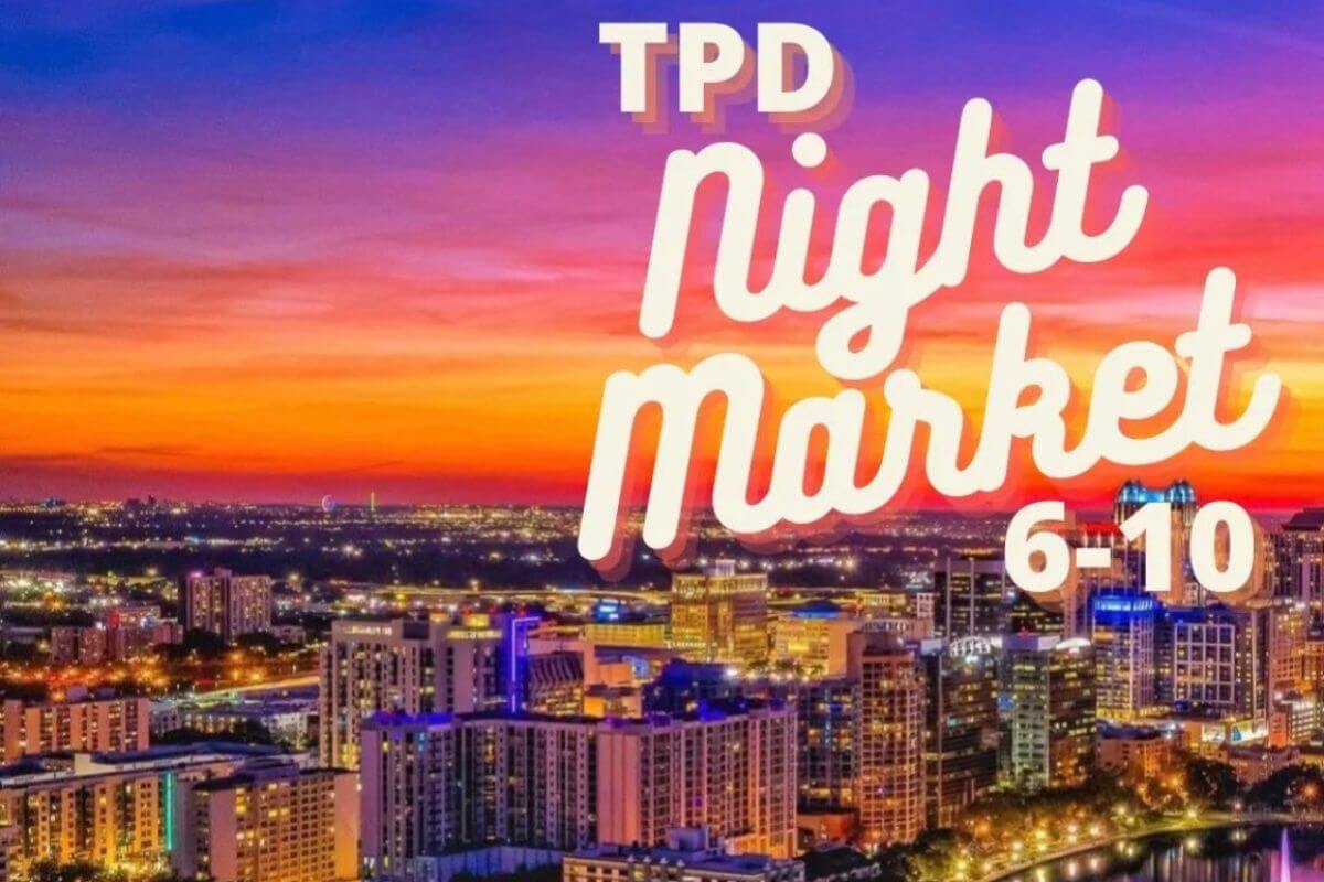 aerial view of downtown with night market banner.