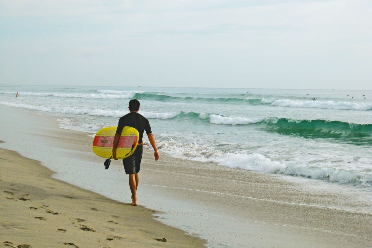 Person with surf board walking on beach. 