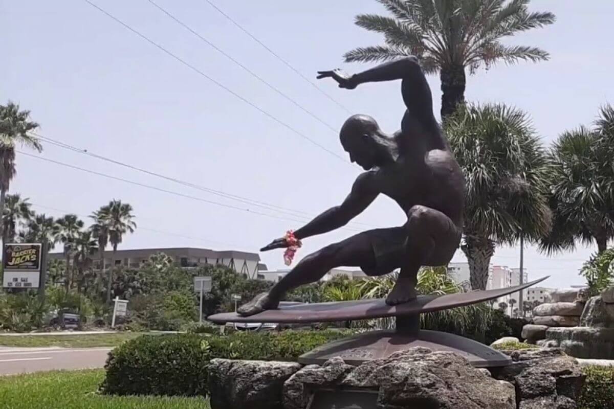 Surfer Kelly Slater bronze sculpture in Cocoa Beach. 