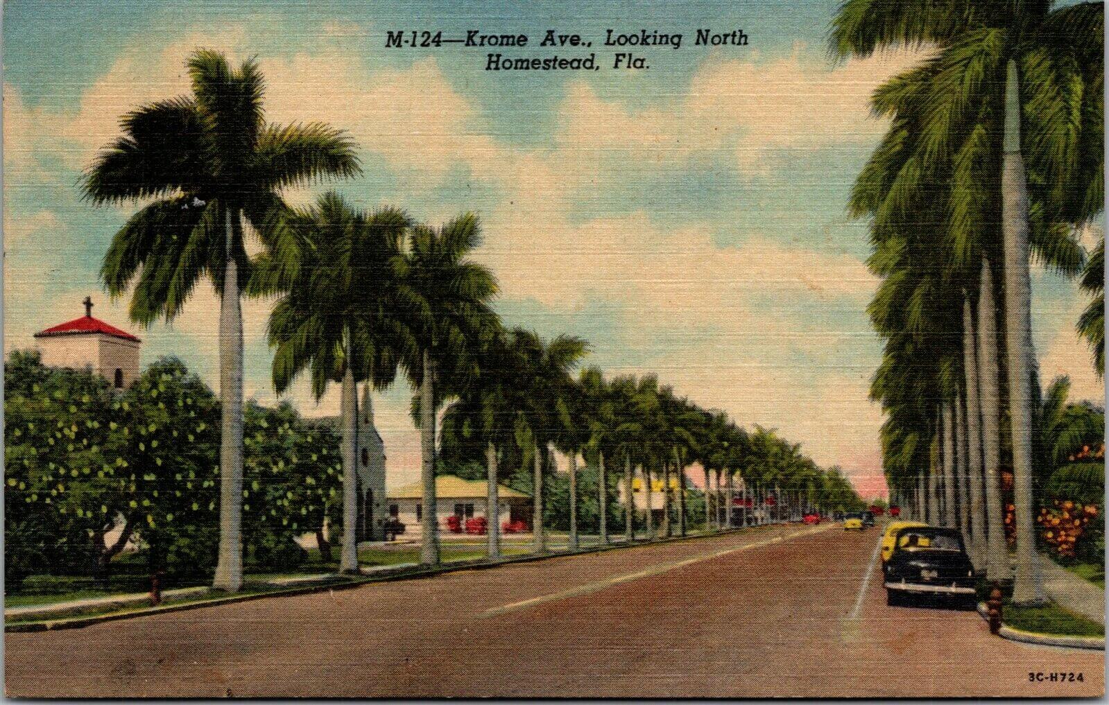Old post card with the words M-124 - Krome Ave, Looking North Homestead, Fla. 