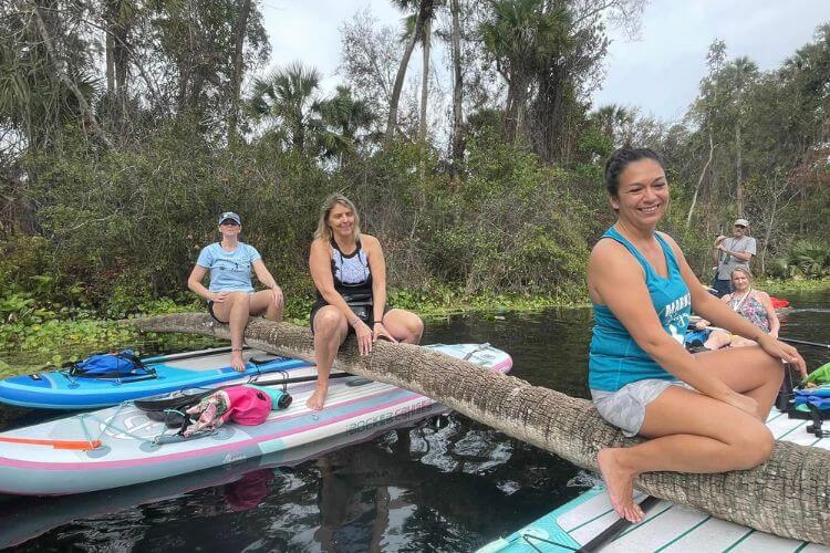 3 people sitting on a downed palm tree while kayaking. 