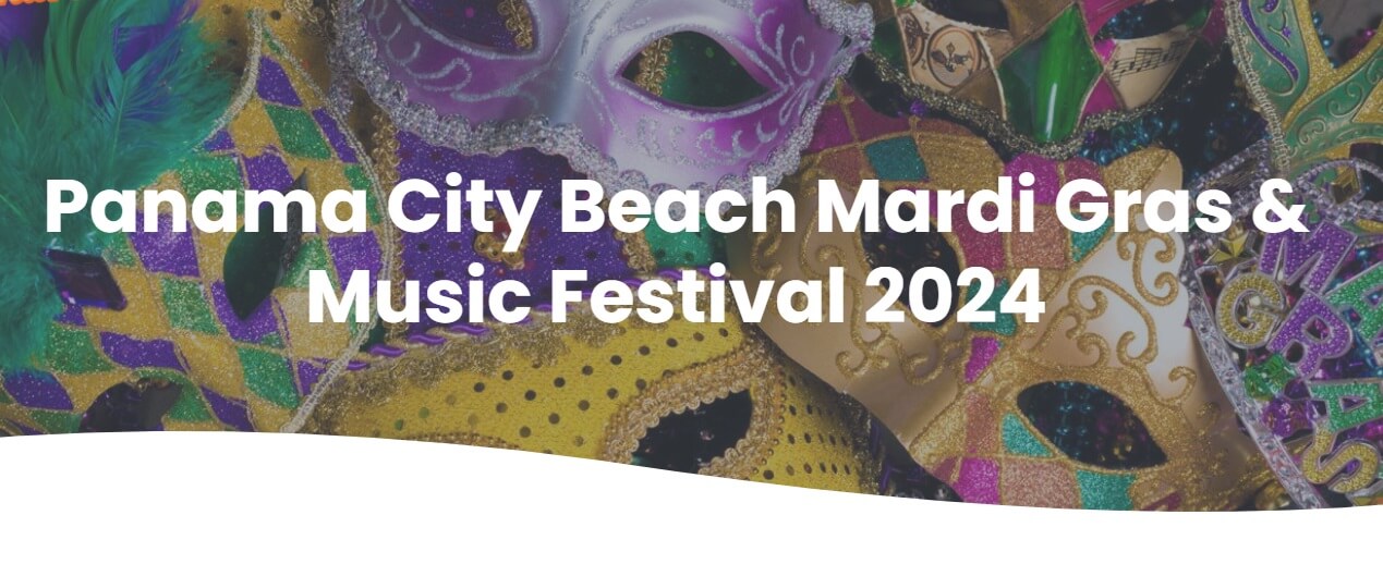Panama City Beach Madri Gras and Music Festival 2024 promotional flyer. 