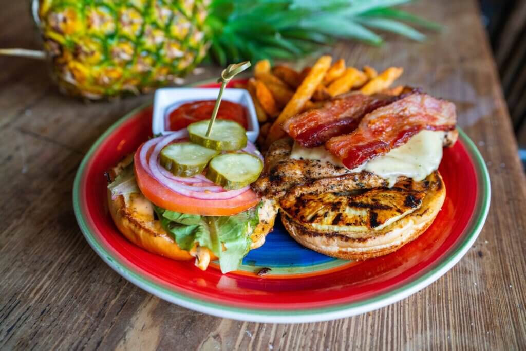 Grilled Jerk Spiced Chicken Breast with Grilled Pineapple and bacon sandwich