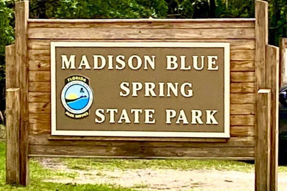 Madison Blue Spring State Park sign.