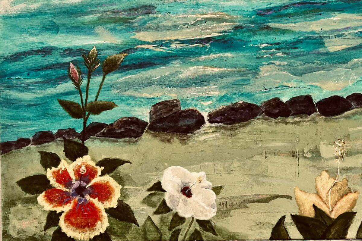 Painting of the ocean with flowers