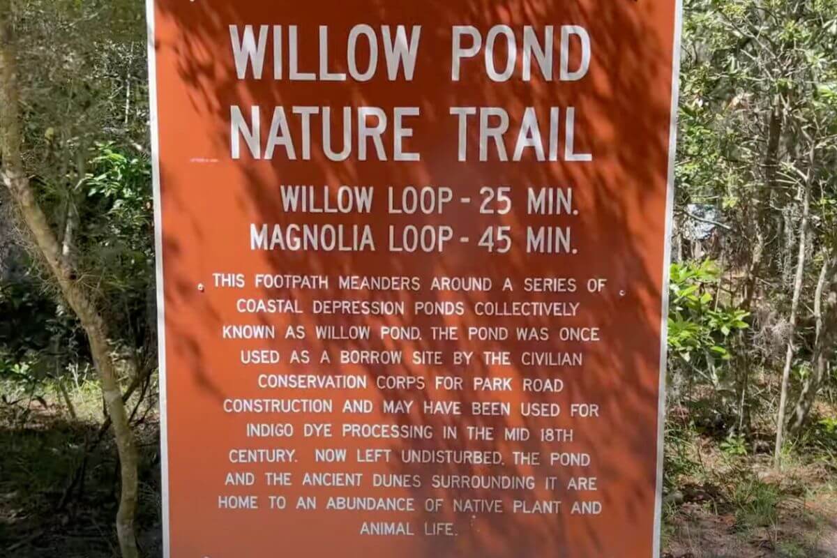 Willow Pond Nature Trail sign at Fort Clinch State Park.